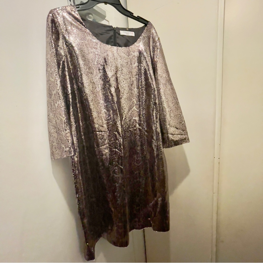 Metallic Silver Midi Dress with 3/4 Sleeves
